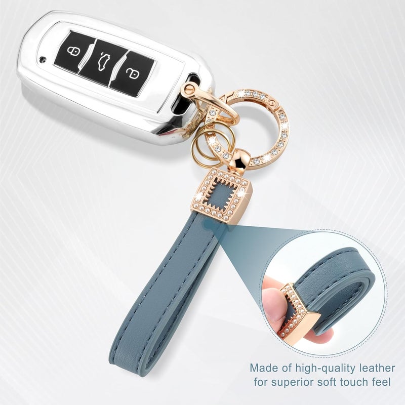 JUSTTOP Leather Keychain, Creative Bling Car Key Chain with Anti-Lost D-Ring and 2 Key Ring, Keychain Wristlet, Car Accessories (Blue) - Image 3